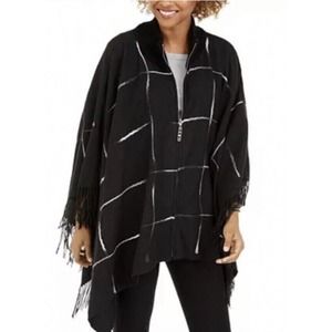 DKNY Zip-Front Ombre Twist‎ Ruana Black Women's Poncho Cape One Size $78 NWT